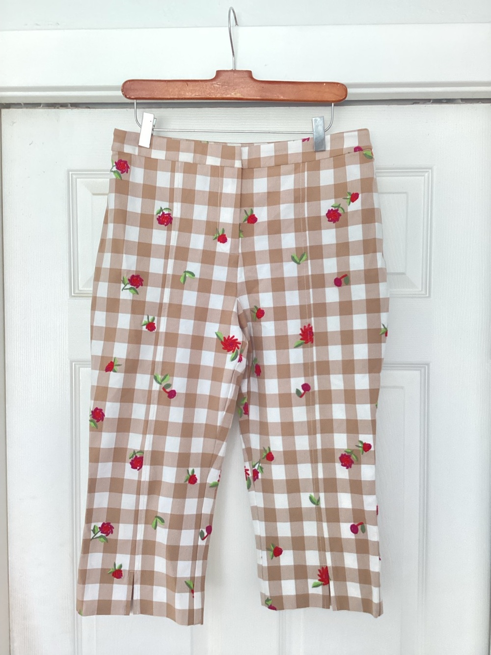 Maeve Beige and White Gingham Crop Pants with Pink & Green Embroidered Motifs